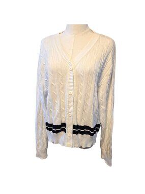 Liz Claiborne LizSport  Cotton Cable Knit V-Neck Navy Blue White Button Cardigan